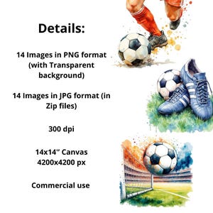 Puede incluir: Una descarga digital de 14 ilustraciones de acuarela de jugadores de f&uacute;tbol y equipos. Las im&aacute;genes est&aacute;n disponibles en formatos PNG y JPG, con una resoluci&oacute;n de 300 dpi. Las im&aacute;genes son adecuadas para usar en un lienzo de 14x14 pulgadas, con una resoluci&oacute;n de 4200x4200 p&iacute;xeles. Las im&aacute;genes son para uso comercial.