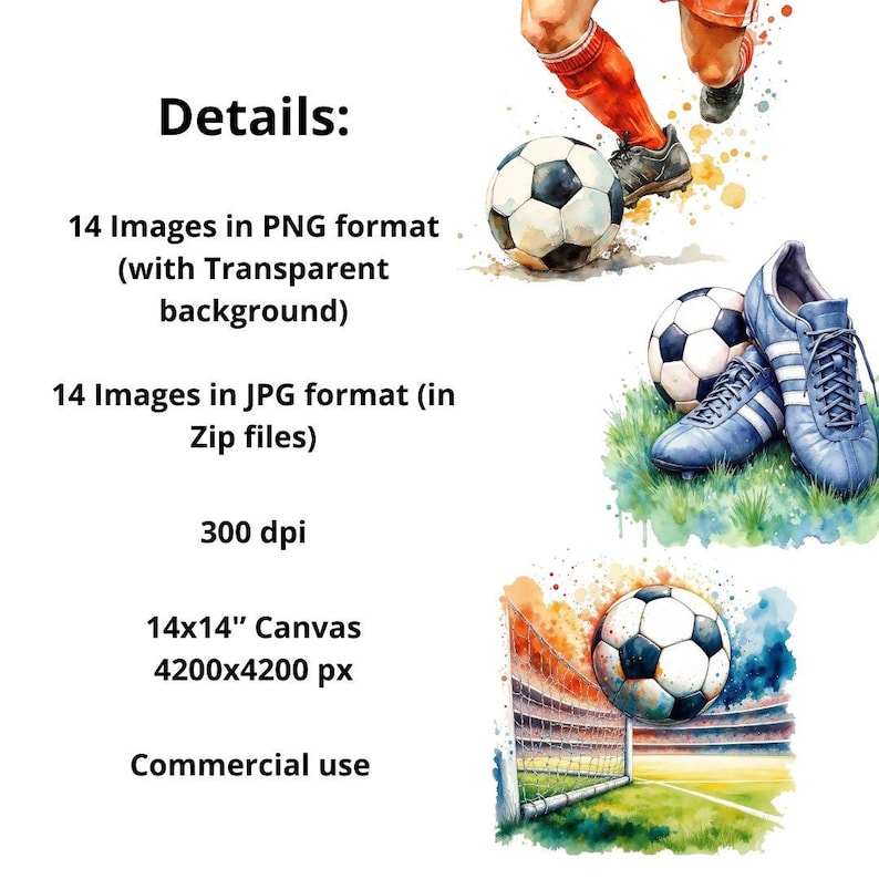 Puede incluir: Una descarga digital de 14 ilustraciones de acuarela de jugadores de f&uacute;tbol y equipos. Las im&aacute;genes est&aacute;n disponibles en formatos PNG y JPG, con una resoluci&oacute;n de 300 dpi. Las im&aacute;genes son adecuadas para usar en un lienzo de 14x14 pulgadas, con una resoluci&oacute;n de 4200x4200 p&iacute;xeles. Las im&aacute;genes son para uso comercial.