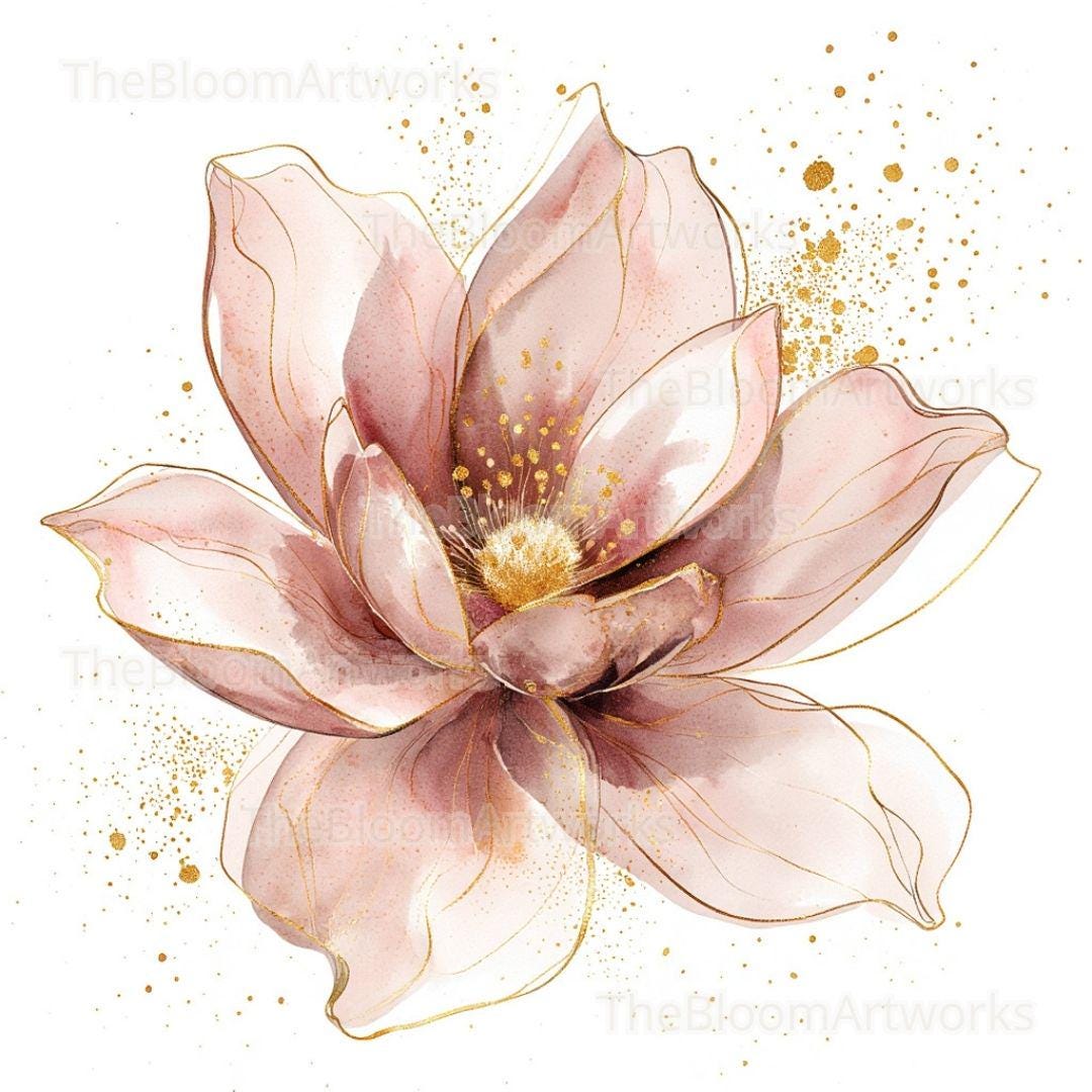 水彩画の花のクリップアート12点、ピンクゴールドの花、花のイラスト