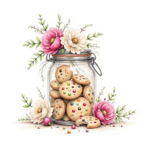 15 Aquarel Koekjes Pot Clipart, Zelfgemaakte Koekjes Clipart, Bloemige Zoete Lekkernijen, Hoge Kwaliteit JPG's voor Junk Journals Scrapbooking Kaarten Maken