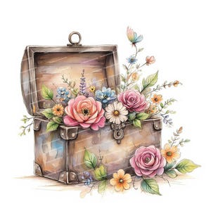 12 Clipart de Baú Floral, Baú de Madeira Aquarela, Clipart de Baú de Tesouro Floral, Ilustração Floral Boho, PNGs de Alta Qualidade, Diário de Lixo