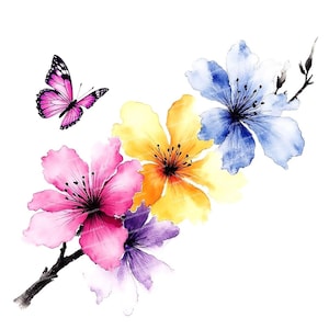 12 Clipart di fiori di ciliegio, ramo di fiori primaverili con farfalle, clipart floreali ad acquerello, PNG/JPG di alta qualità per la creazione di biglietti di auguri.