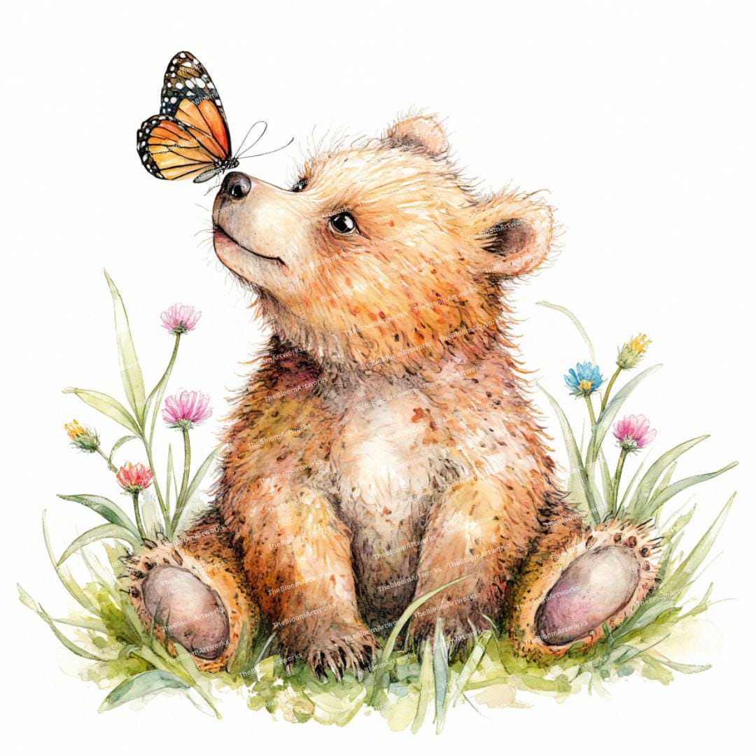 水彩画風の赤ちゃんクマのクリップアート12点、かわいいクマのイラスト