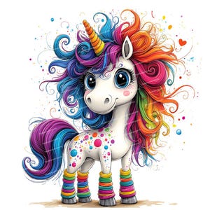 May include: A colorful cartoon unicorn with a rainbow mane and tail. The unicorn has white fur with polka dots and is wearing rainbow-colored leg warmers.