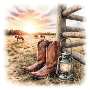 Pode incluir: Um par de botas de cowboy de couro castanho com costuras decorativas sobre relva seca junto a uma lanterna de metal e uma cerca de madeira. Ao fundo, três cavalos pastam num campo sob um céu de pôr do sol com nuvens cor-de-rosa.