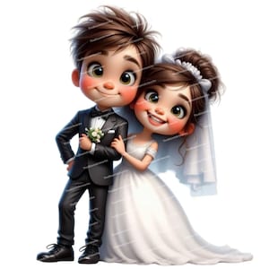 12 imágenes prediseñadas de pareja de novios, caricatura de novios, ilustración de pareja adorable, PNG de alta calidad, arte imprimible, scrapbooking, creación de tarjetas