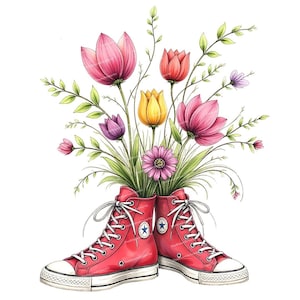 10 Florale Sneakers Clipart, Frühlings-Tulpenstrauß, Aquarell-Sublimation, Florale Stiefel, Hochwertige PNG/JPGs, Papierbasteln, Kartenherstellung