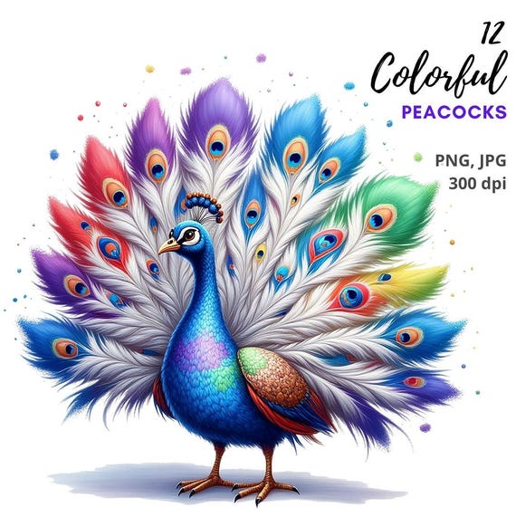 12 Colorful Peacock Clipart, Cute Whimsical Bird Illustration