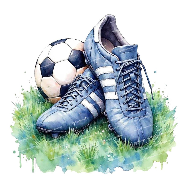 Puede incluir: Un par de botas de f&uacute;tbol azules con rayas blancas, cordones y un bal&oacute;n de f&uacute;tbol blanco sobre un campo de hierba verde con un fondo de acuarela.