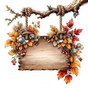 Puede incluir: Un letrero rectangular de madera colgado de una rama de árbol mediante dos cuerdas gruesas anudadas. El letrero está decorado con follaje otoñal, incluyendo hojas de arce naranjas, amarillas y rojas, pequeñas calabazas y bayas rojas.