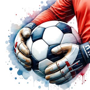 Puede incluir: Primer plano de un bal&oacute;n de f&uacute;tbol sostenido por un portero que lleva guantes rojos y negros. El bal&oacute;n es blanco con paneles negros y los guantes tienen un dise&ntilde;o blanco y rojo. El fondo es una acuarela de azul y rojo.