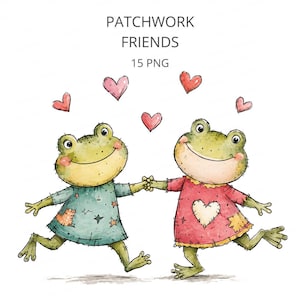 May include: A digital illustration titled PATCHWORK FRIENDS 15 PNG featuring two green frogs holding hands. The left frog wears a teal dress with star patterns and patches, while the right frog wears a red dress with a heart patch. Pink hearts float above.