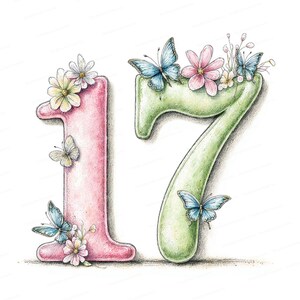 May include: A hand-drawn illustration of the number 17, decorated with butterflies and flowers. The number 1 is pink, and the number 7 is green. Butterflies in shades of blue and cream are scattered around the numbers, with floral accents.