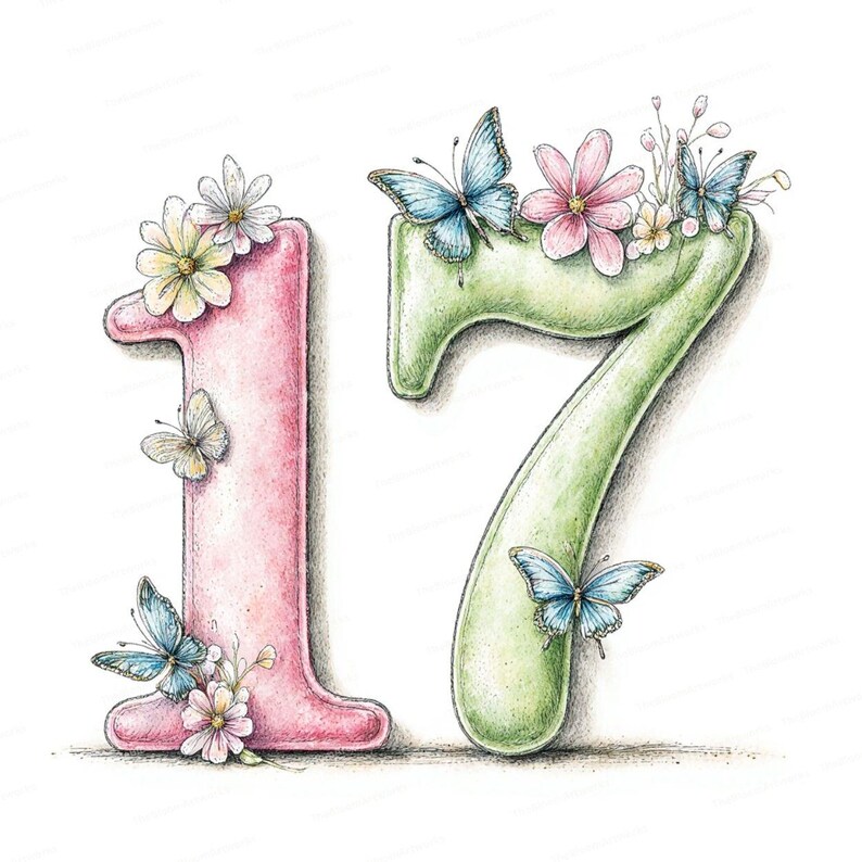 May include: A hand-drawn illustration of the number 17, decorated with butterflies and flowers. The number 1 is pink, and the number 7 is green. Butterflies in shades of blue and cream are scattered around the numbers, with floral accents.