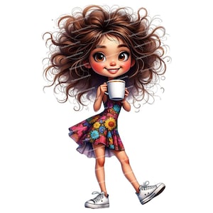 12 Coffee Girl Clipart, Coffee Lover, Curly Hair Girl, Sublimation Design, Cartoon Girl, High Quality PNGs, Junk Journals, Card Making, Mugs