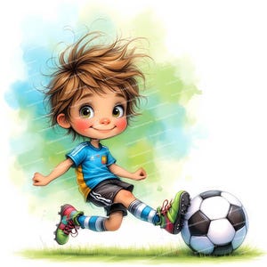 12 imágenes prediseñadas de niños futbolistas, lindas ilustraciones de fútbol, dibujos animados infantiles, archivos JPG de alta calidad para scrapbooking, tarjetas y diarios basura.