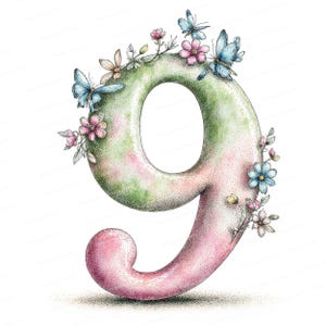 May include: A watercolor illustration of the number nine, decorated with flowers and butterflies. The number is shaded in green and pink, with a textured appearance. Butterflies in shades of blue are perched on top.