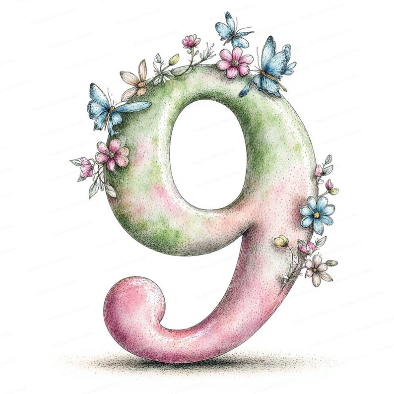 May include: A watercolor illustration of the number nine, decorated with flowers and butterflies. The number is shaded in green and pink, with a textured appearance. Butterflies in shades of blue are perched on top.