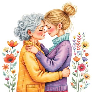 May include: A watercolour illustration depicting a close embrace between a woman and an older woman. The younger woman wears a purple sweater, the older woman a yellow cardigan. The image is framed by colourful flowers.