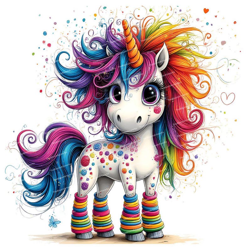 May include: A colorful unicorn with a rainbow mane and tail, wearing rainbow striped leg warmers. The unicorn has a white body with colorful polka dots and a pink and blue swirl pattern on its tail. The background is white with colorful confetti.