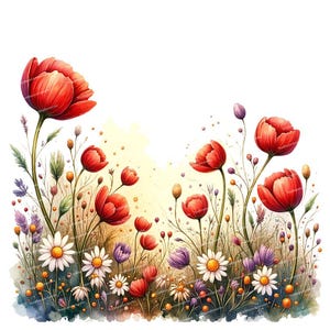 12 coquelicots aquarelles, illustrations de fleurs sauvages, coquelicots et marguerites, images JPG haute qualité pour scrapbooking, fabrication de cartes et journaux de pacotille