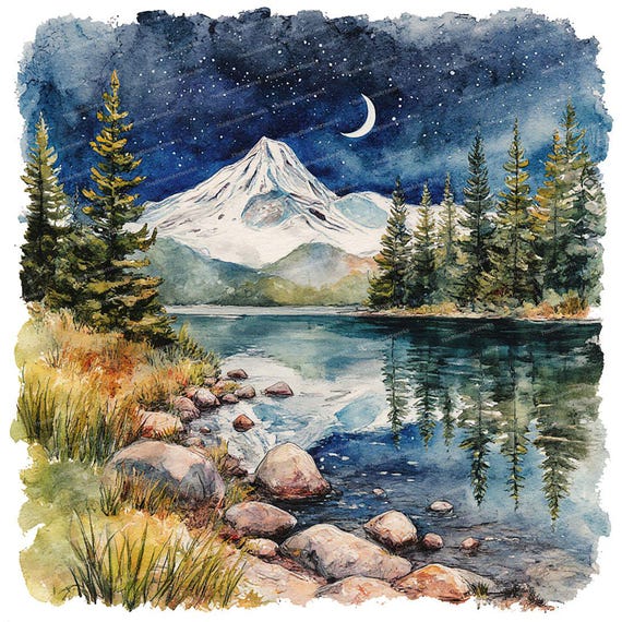 水彩画風の山湖クリップアート12点、夜の森の風景、月明かりの自然