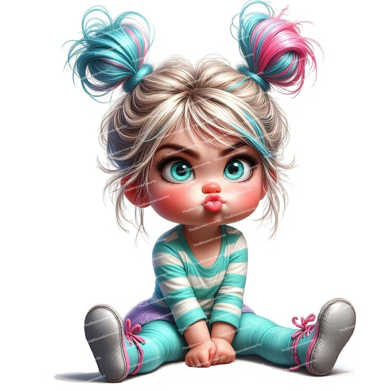 12 Quirky Girl Clipart, Moody Baby Girl, Grumpy Baby Clip Art, Nursery Decor, High Quality JPGs for Junk Journals Scrapbooking Card Making image 1