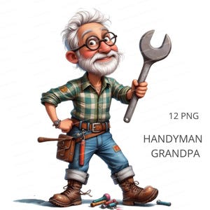 Op de afbeelding: Cartoon illustratie van een klusjesman opa met een groen geruit overhemd, een blauwe spijkerbroek en bruine laarzen. Hij houdt een moersleutel vast en heeft een gereedschapsriem. De tekst "12 PNG HANDYMAN GRANDPA" is inbegrepen.