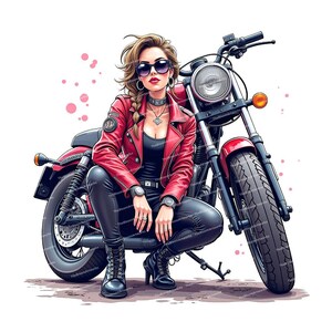 May include: A woman in a red leather jacket and black pants sits on a red motorcycle. She is wearing sunglasses and has long blonde hair. The motorcycle has a black seat and a black and chrome exhaust pipe.