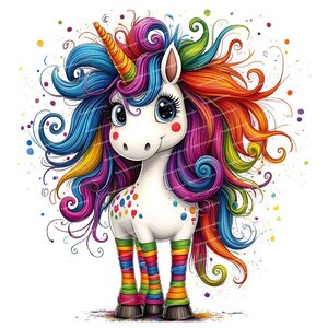 May include: A colorful unicorn with a rainbow mane and tail. The unicorn has white fur with colorful polka dots and is wearing rainbow striped socks.