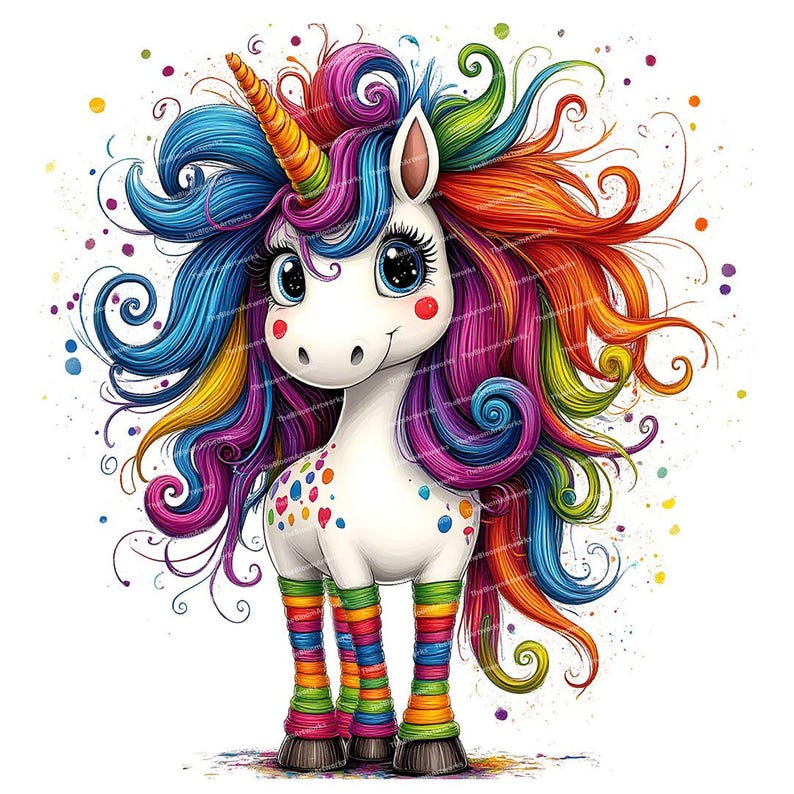 May include: A colorful unicorn with a rainbow mane and tail. The unicorn has white fur with colorful polka dots and is wearing rainbow striped socks.