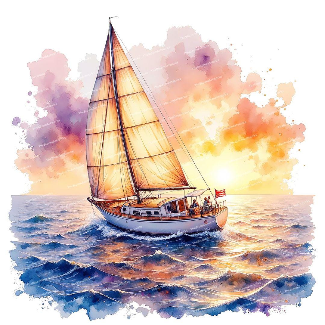 14枚の水彩ヨットのクリップアート、夕焼けのヨットのイラスト、航海