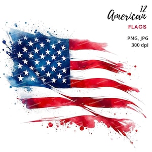 12 Clipart della bandiera americana, sublimazione patriottica, clipart del 4 luglio, PNG/JPG di alta qualità per la creazione di biglietti di scrapbooking, journaling e altro ancora