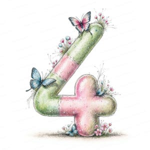 May include: A watercolor illustration of the number four, in a pastel green and pink color scheme. Butterflies and small flowers are scattered around the number, adding a whimsical touch. The number has a textured appearance.