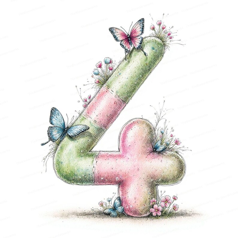May include: A watercolor illustration of the number four, in a pastel green and pink color scheme. Butterflies and small flowers are scattered around the number, adding a whimsical touch. The number has a textured appearance.