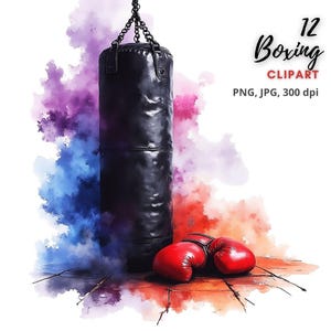 12 Clipart di boxe, Clipart di guantoni da boxe, Sacco da boxe, Acquerello di boxe, Arte di boxe, PNG di alta qualità, Download digitale, Diario spazzatura