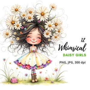 12 images fantaisistes de marguerites, fées florales à l'aquarelle, jolies filles, fichiers JPG/PNG de haute qualité pour journaux, scrapbooking, fabrication de cartes