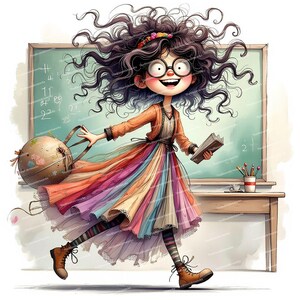 Pode incluir: Uma ilustra&ccedil;&atilde;o de desenho animado de uma menina com cabelo castanho comprido usando um vestido colorido, &oacute;culos e uma faixa de cabe&ccedil;a. Ela est&aacute; segurando um livro e um globo terrestre em suas m&atilde;os. Ela est&aacute; em p&eacute; na frente de um quadro-negro com equa&ccedil;&otilde;es matem&aacute;ticas escritas nele.