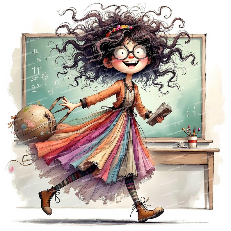 Pode incluir: Uma ilustra&ccedil;&atilde;o de desenho animado de uma menina com cabelo castanho comprido usando um vestido colorido, &oacute;culos e uma faixa de cabe&ccedil;a. Ela est&aacute; segurando um livro e um globo terrestre em suas m&atilde;os. Ela est&aacute; em p&eacute; na frente de um quadro-negro com equa&ccedil;&otilde;es matem&aacute;ticas escritas nele.