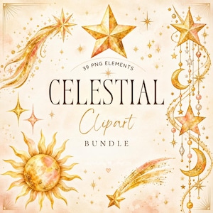 May include: A digital collection of 39 PNG elements featuring watercolor celestial graphics including a sun, stars, crescent moons, and shooting stars in shades of gold and orange with the text 39 PNG ELEMENTS CELESTIAL Clipart BUNDLE.
