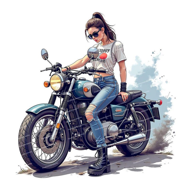 May include: A woman wearing sunglasses and a white t-shirt with the text "Hobby Trains" sits on a green motorcycle. The motorcycle has a black seat and a chrome exhaust pipe.
