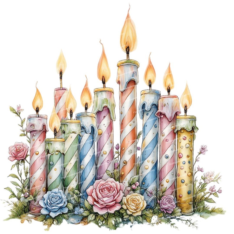 12 Birthday Candles Clipart, Watercolor Party Candles, Birthday ...