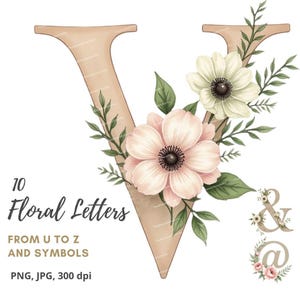 10 letras de acuarela de la U a la Z y símbolos, imágenes prediseñadas del alfabeto, PNG/JPG de alta calidad para diarios basura, álbumes de recortes e invitaciones.