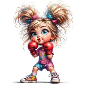 12 imágenes prediseñadas de boxeadora, boxeadora divertida, luchadora adorable, ilustración de deportista, archivos JPG de alta calidad, revistas basura, creación de tarjetas