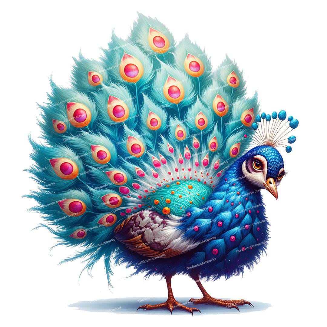 12 Colorful Peacock Clipart, Cute Whimsical Bird Illustration