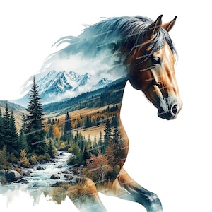 12 Wildpferd Clipart, Pferdesilhouette mit Landschaft, Majestätischer Naturdruck, Hochwertige PNG/JPGs, Junk Journals Scrapbooking Kartenherstellung