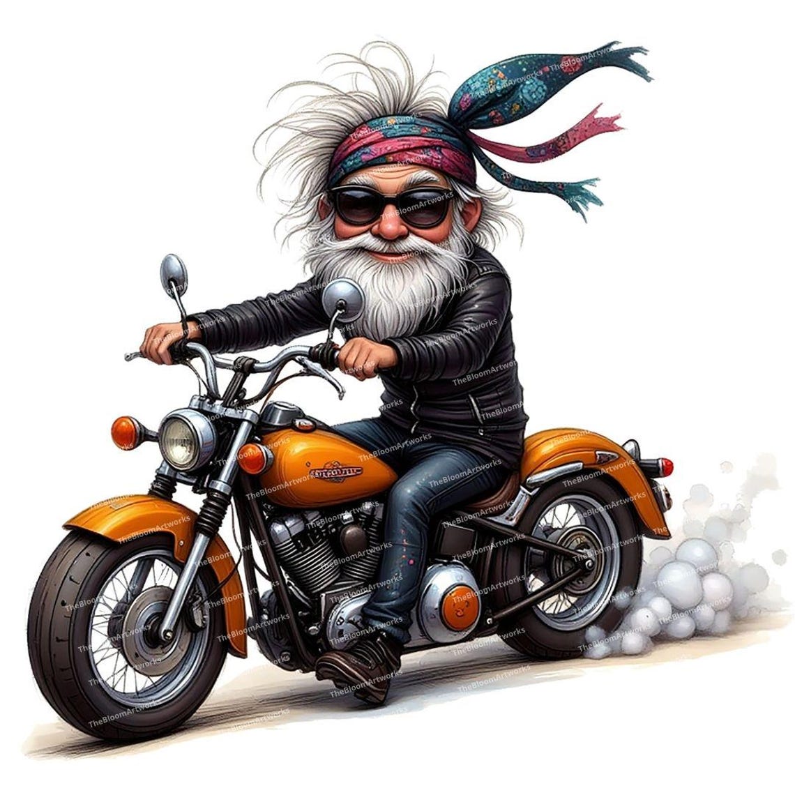 May include: A cartoon illustration of a biker on an orange motorcycle. The biker has a long white beard, sunglasses, and a bandana. He wears a black leather jacket and blue jeans. The motorcycle has a classic design with chrome details.