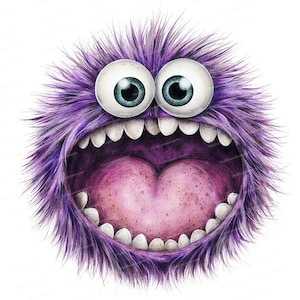 Peut inclure: Illustration de monstre poilu violet avec de grands yeux et une bouche ouverte. Le monstre a un corps rond, des dents blanches et l'intérieur de la bouche rose. Les yeux sont blancs avec des iris bleus.