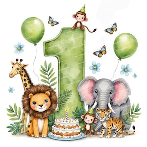 First Birthday Clipart, 1st Birthday Illustration, 12 High Quality JPG for Cards or Birthday Invitations, 1st Birthday Decor, Safari Clipart