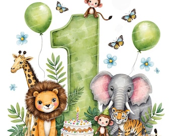 First Birthday Clipart, 1st Birthday Illustration, 12 High Quality JPG for Cards or Birthday Invitations, 1st Birthday Decor, Safari Clipart